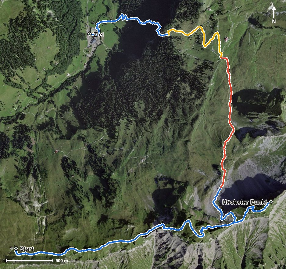 Luftbild mit eingezeichneter Route: Stärnen - Forstberg - Druesberg
