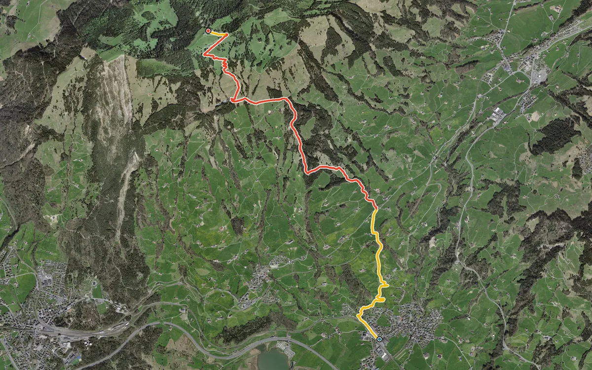 Vista aerea con il percorso tracciato: Salita ripida da Steinen al Wildspitz