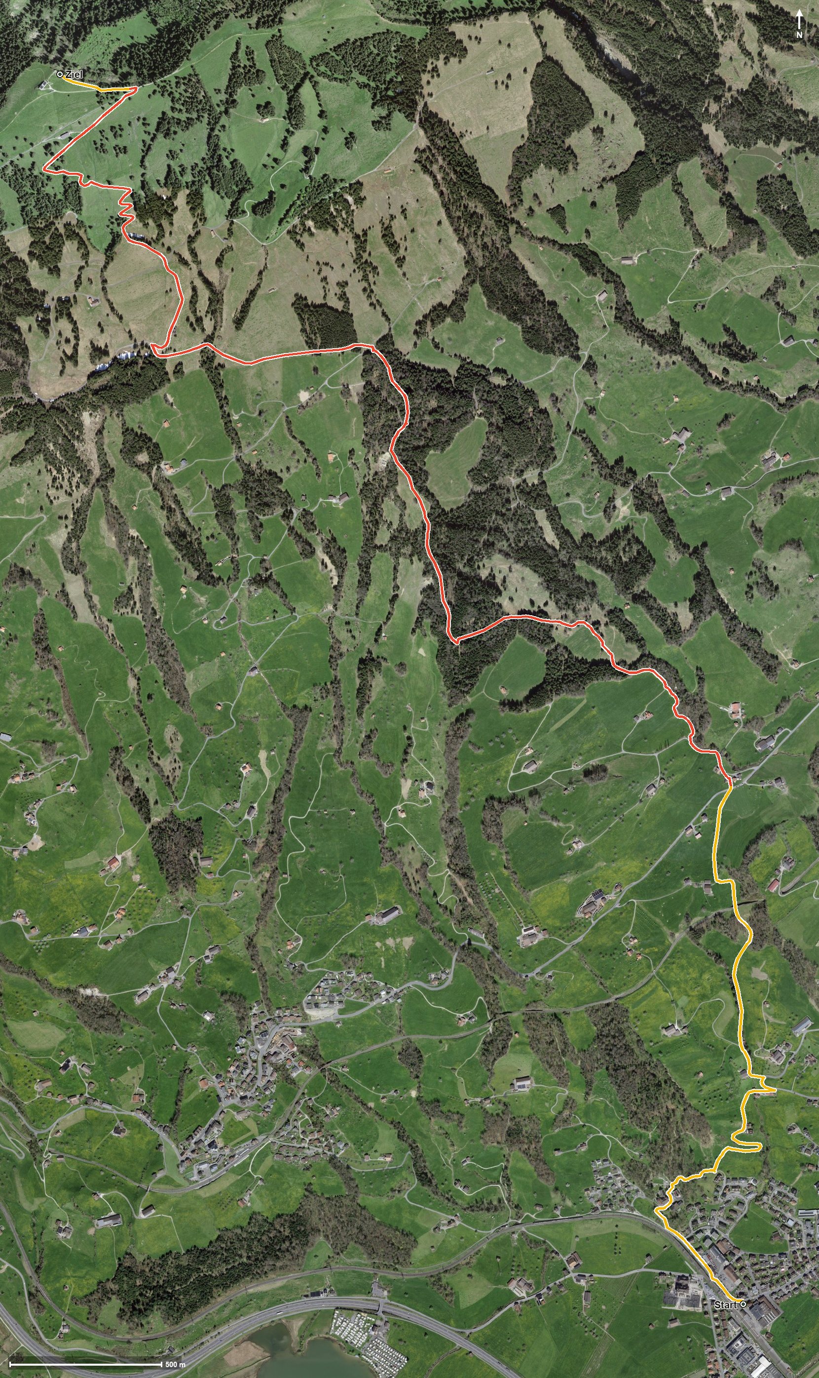 Luftbild mit eingezeichneter Route: Steinen -Wildspitz
