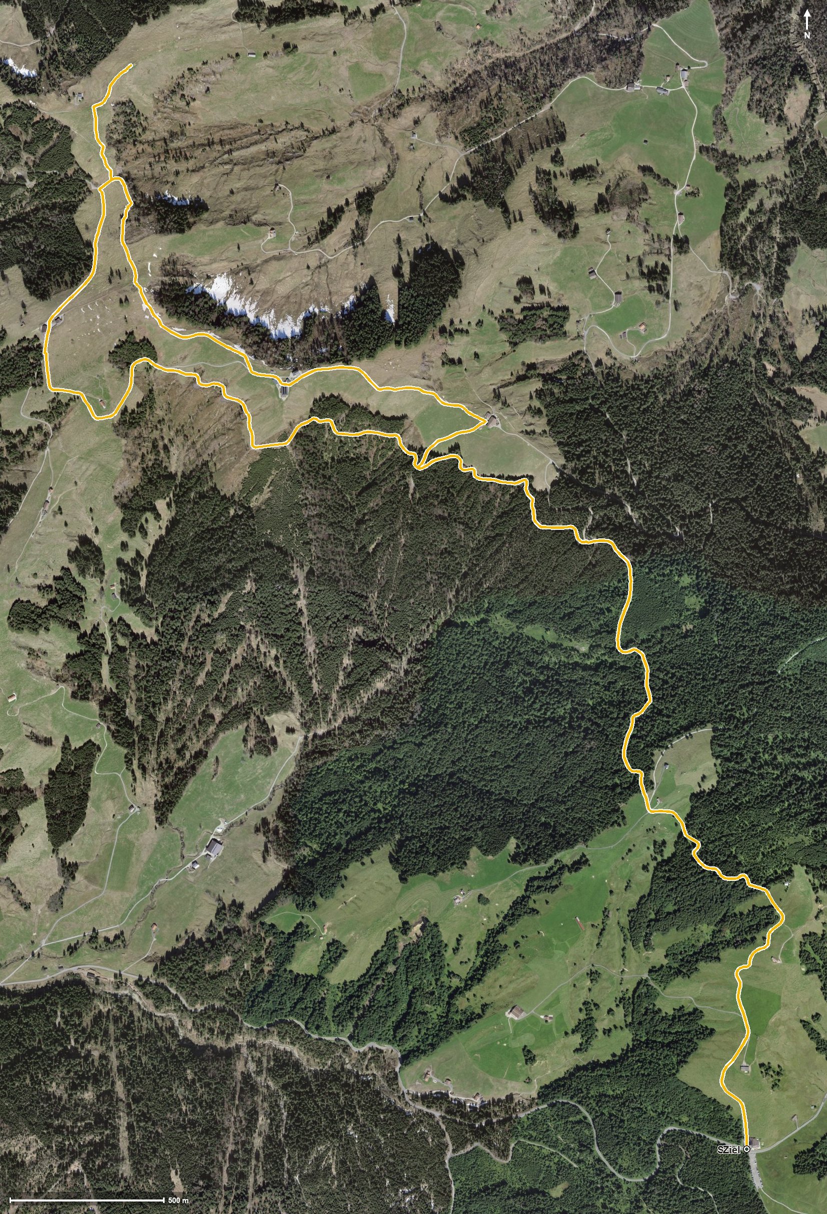 Luftbild mit eingezeichneter Route: Stöcklichrüz-Wanderung