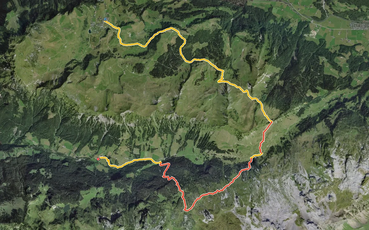 Vista aerea con il percorso tracciato: Da Stoos a Riemenstalden per il Wannentritt