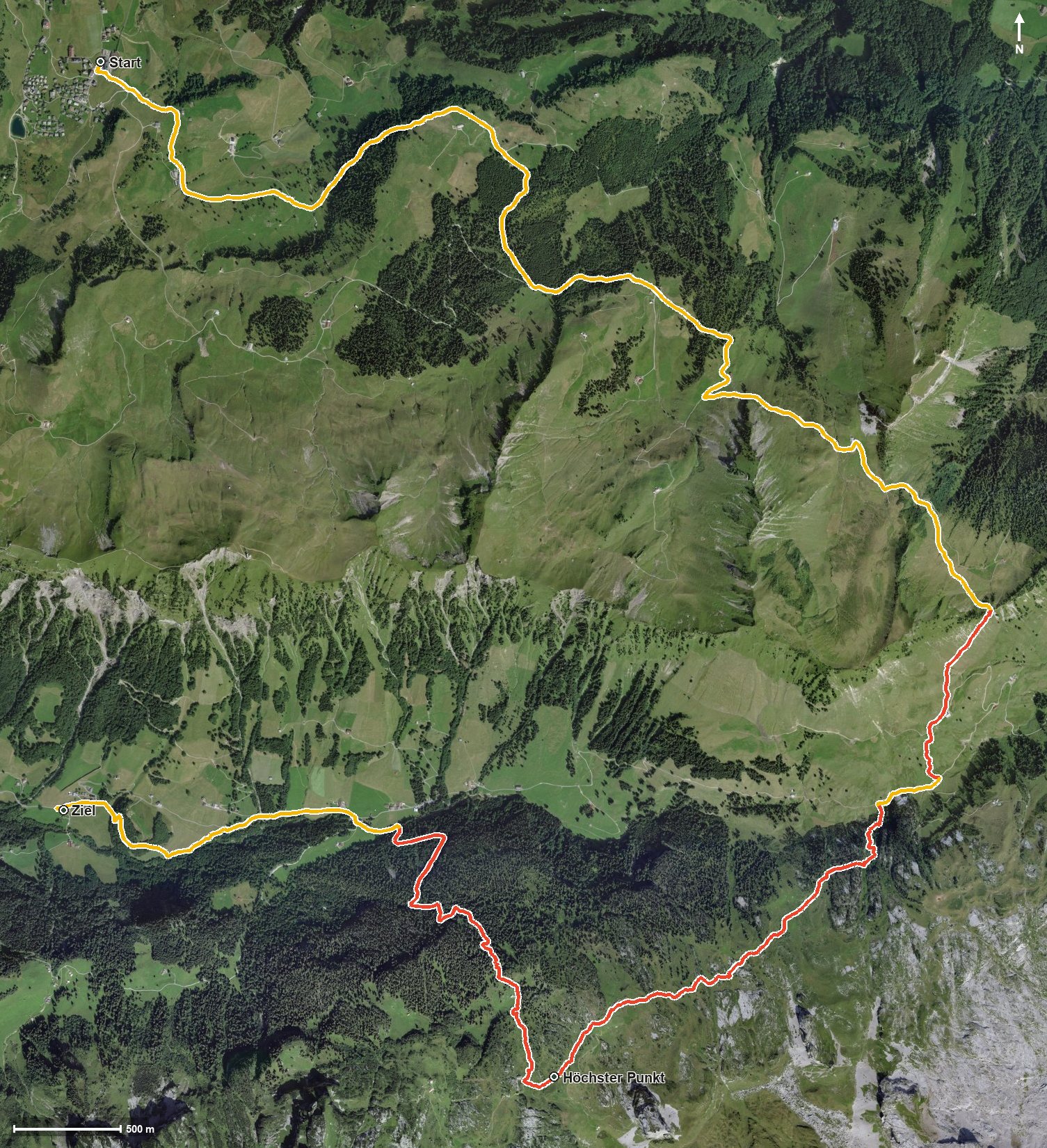 Luftbild mit eingezeichneter Route: Stoos - Lidernenhütte SAC - Riemenstalden