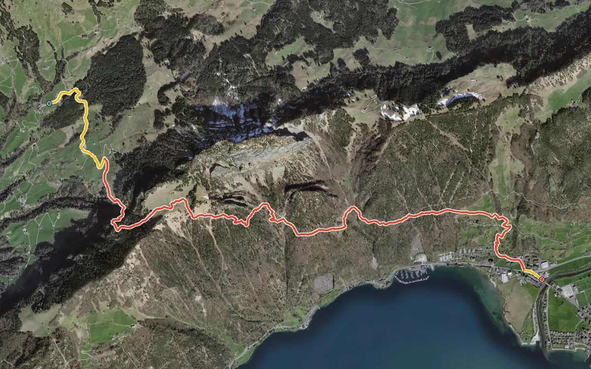 Vista aerea con il percorso tracciato: Da Obergschwend in discesa a Brunnen