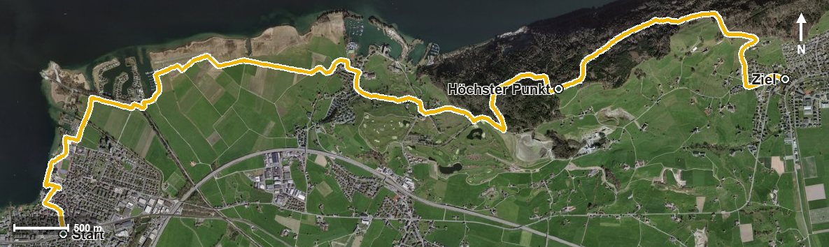 Luftbild mit eingezeichneter Route: SZKB Outdoorplausch auf dem Obersee Rundweg