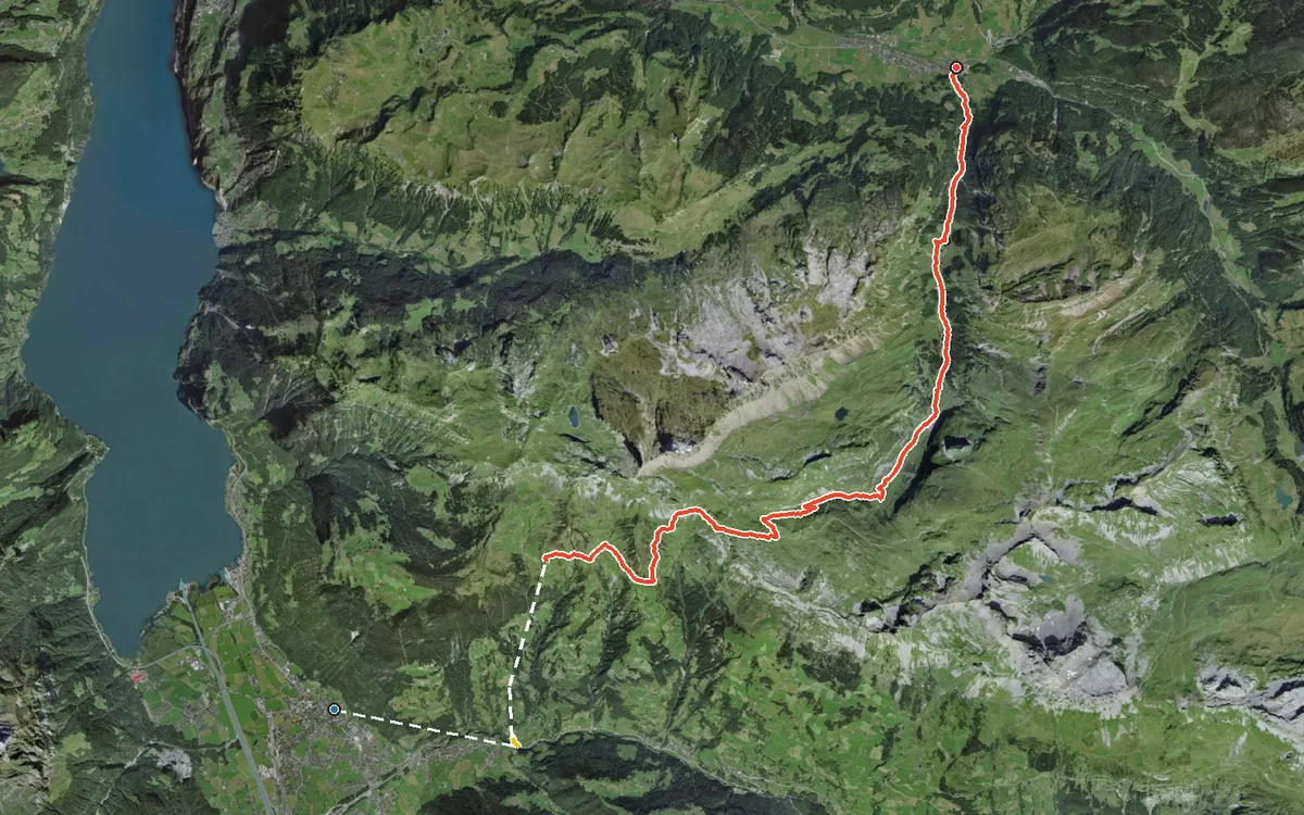 Vista aerea con il percorso tracciato: Escursione di montagna da Altdorf a Muotathal
