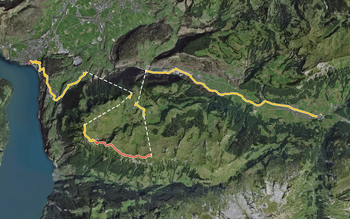 Vista aerea con il percorso tracciato: Da Muotathal a Brunnen per l’Huser Stock