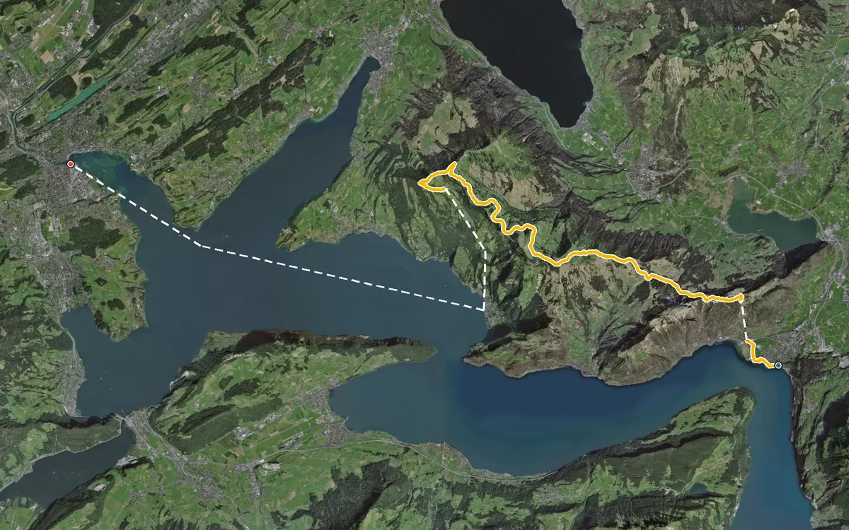Vista aerea con il percorso tracciato: Da Brunnen a Lucerna per il Rigi