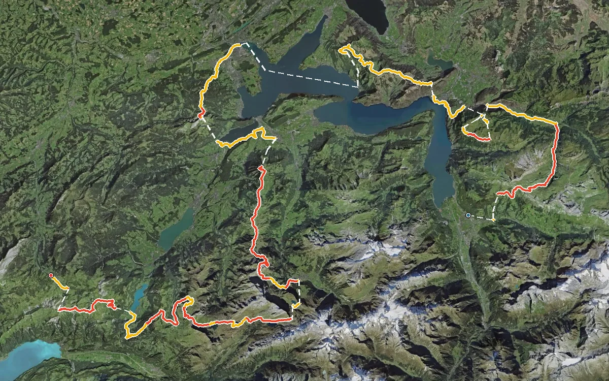 Vista aerea con il percorso tracciato: Lungo cammino da Altdorf all’Entlebuch per Svitto