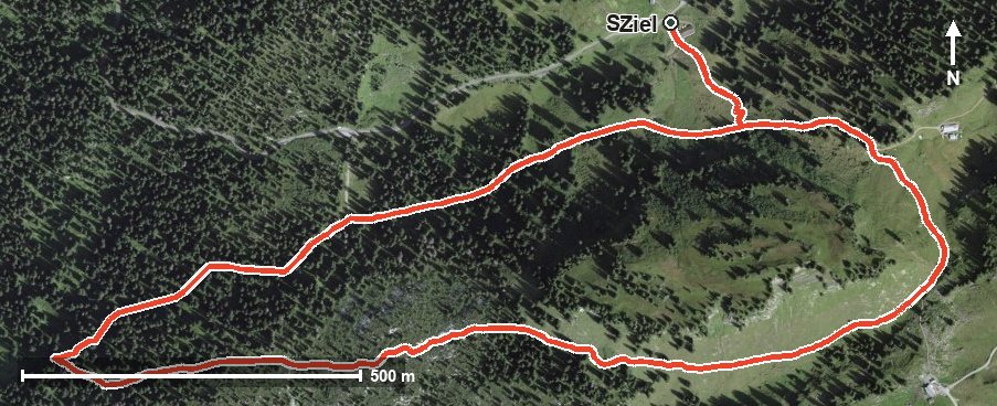 Luftbild mit eingezeichneter Route: Urwaldspur Bödmeren