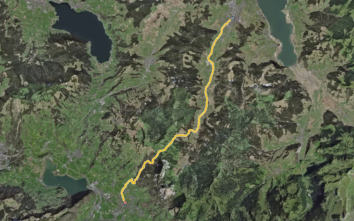 Vista aerea con il percorso tracciato: Da Einsiedeln a Svitto per la Haggenegg