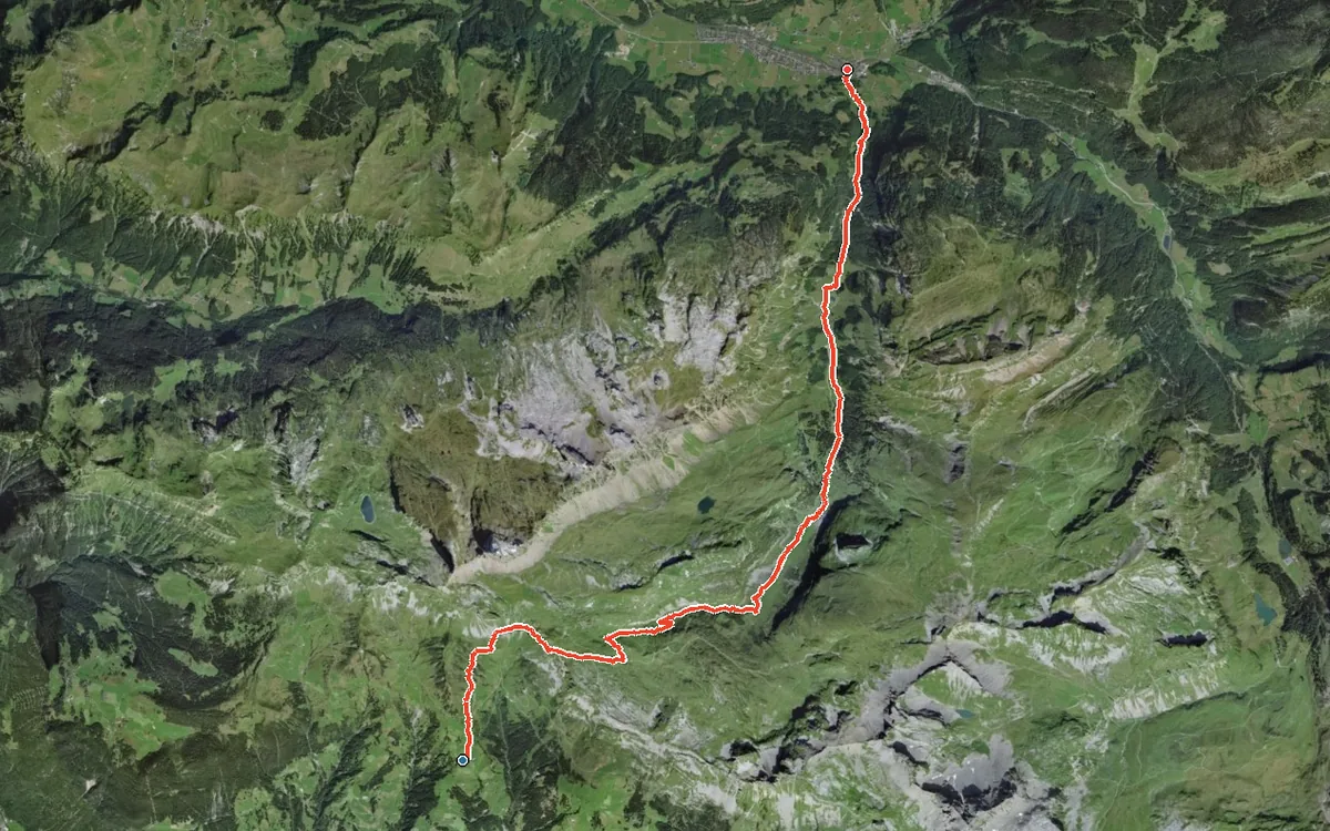 Luftbild mit eingezeichneter Route: Von Biel-Kinzig durch das Chinzertal nach Muotathal