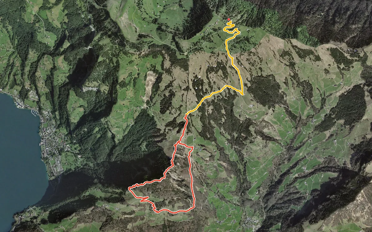 Vista aerea con il percorso tracciato: Anello impegnativo da Rigi Scheidegg per il Fälmissattel