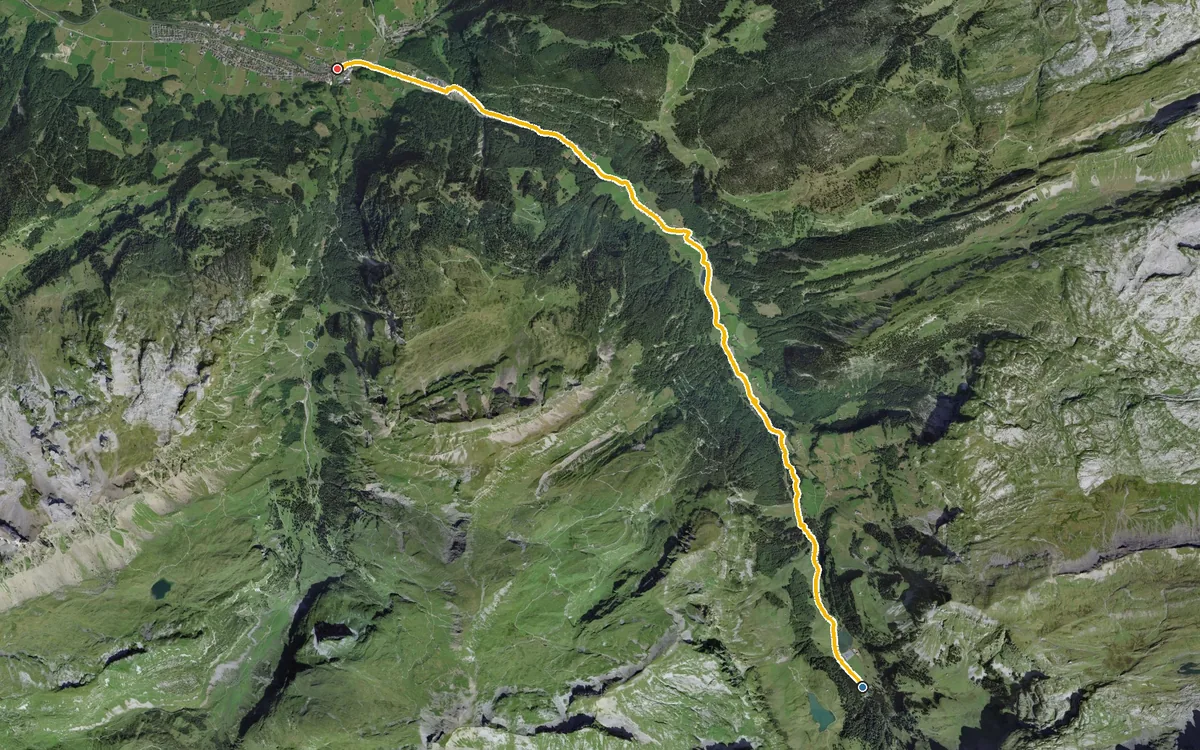 Vista aerea con il percorso tracciato: Escursione di fondovalle dal Bisistal a Muotathal