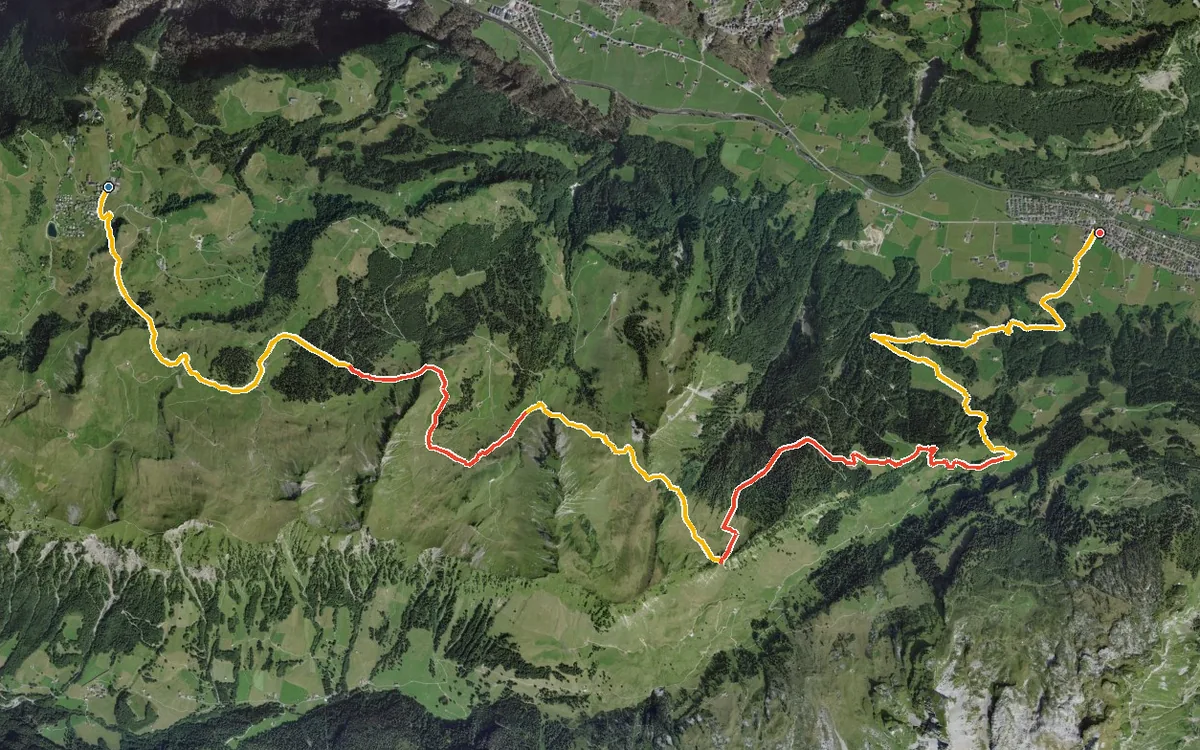 Vista aerea con il percorso tracciato: Da Stoos a Muotathal in discesa per il Wannentritt