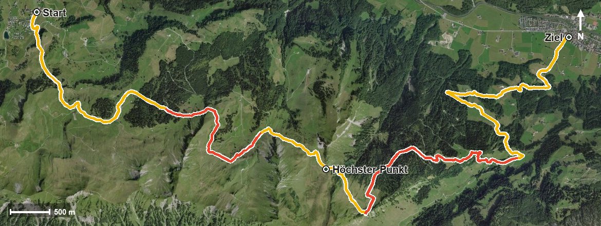 Luftbild mit eingezeichneter Route: Vom Stoos ins Muotatal