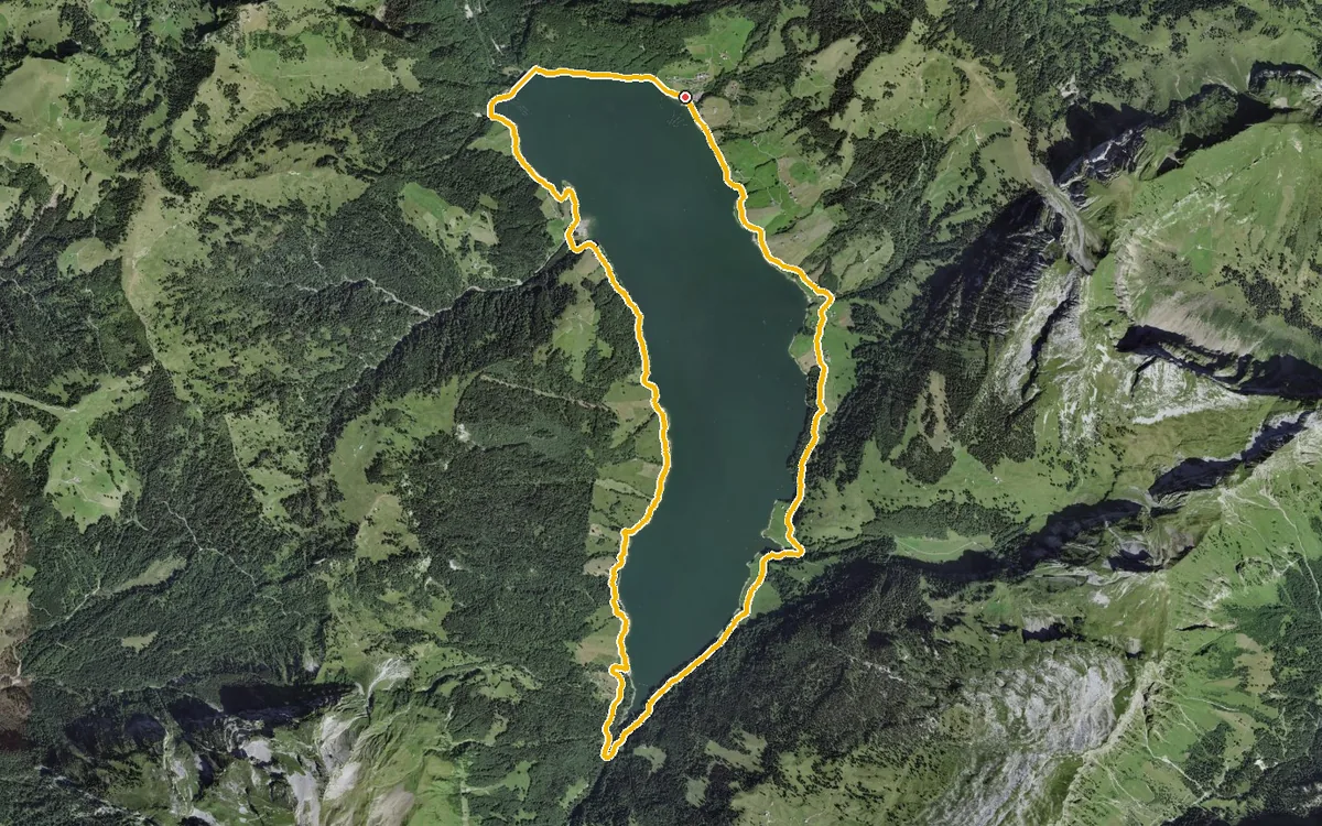 Vista aerea con il percorso tracciato: Giro del lago nel Wägital da Innerthal