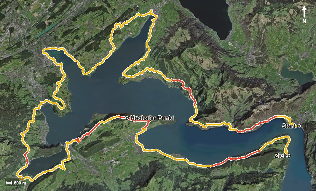 Luftbild mit eingezeichneter Route: Waldstätterweg