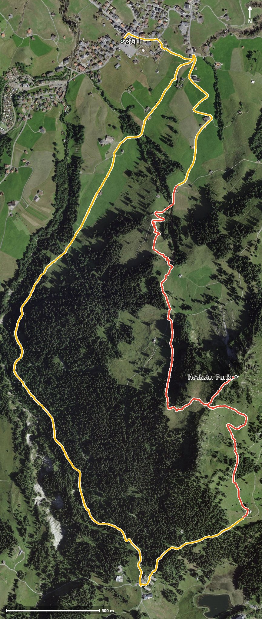 Luftbild mit eingezeichneter Route: Wanderung auf den Roggenstock