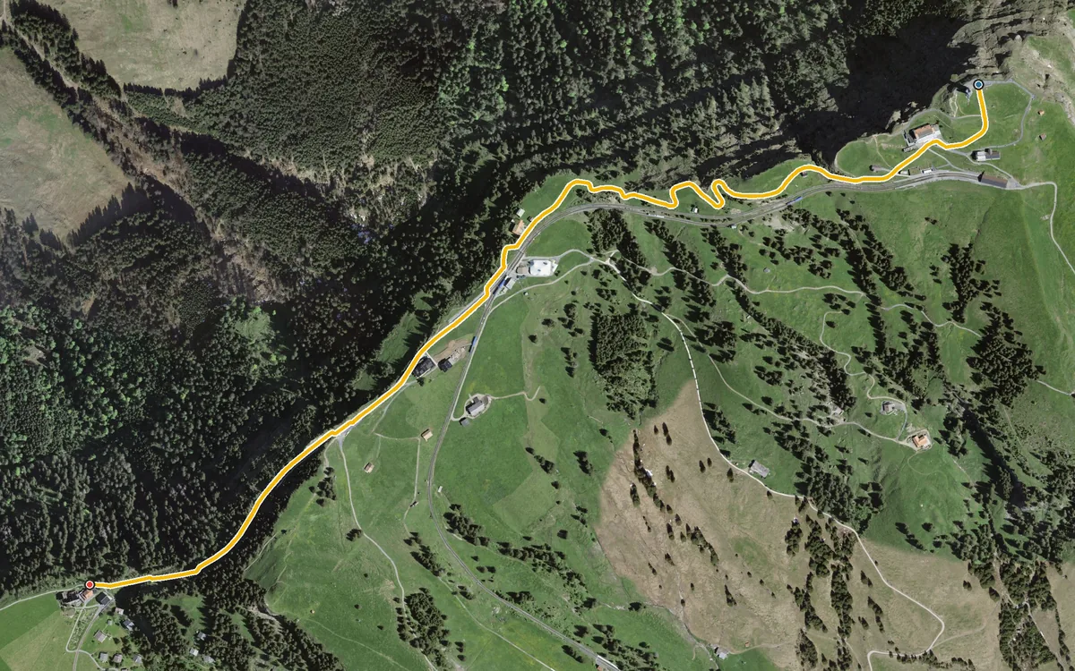 Vista aerea con il percorso tracciato: Oltre il confine cantonale: Rigi Kulm–Rigi Kaltbad