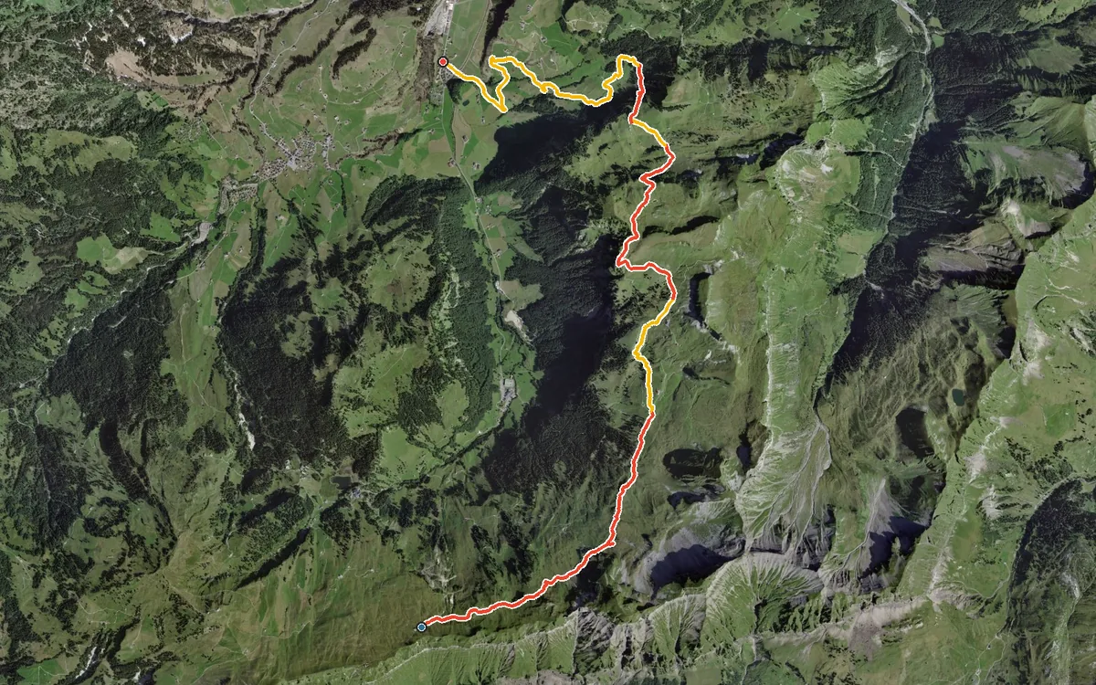 Vista aerea con il percorso tracciato: Dal ristorante di montagna Sternen giù a Unteriberg
