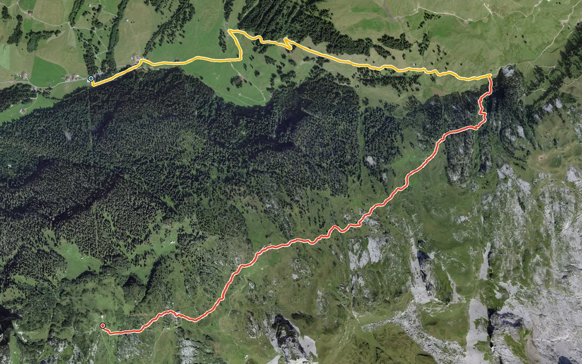Vista aerea con il percorso tracciato: Da Riemenstalden in salita alla Lidernenhütte