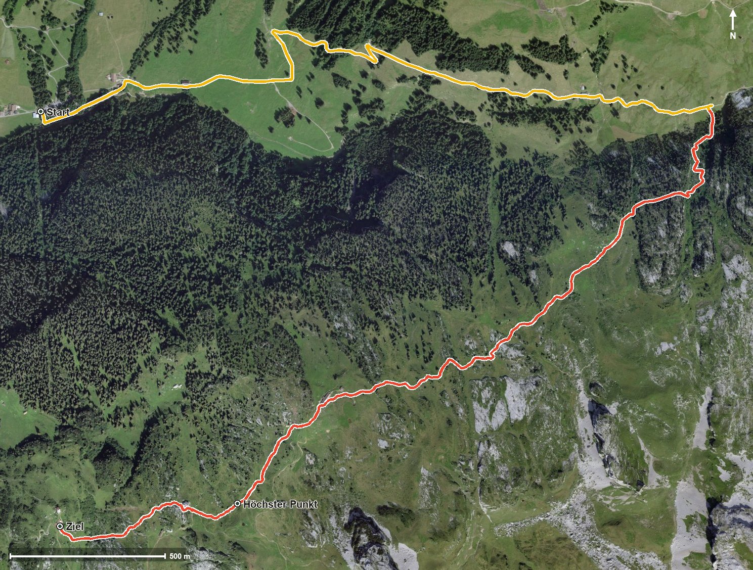 Luftbild mit eingezeichneter Route: WanderWunder Schwyz: Riemenstalden Lidernen