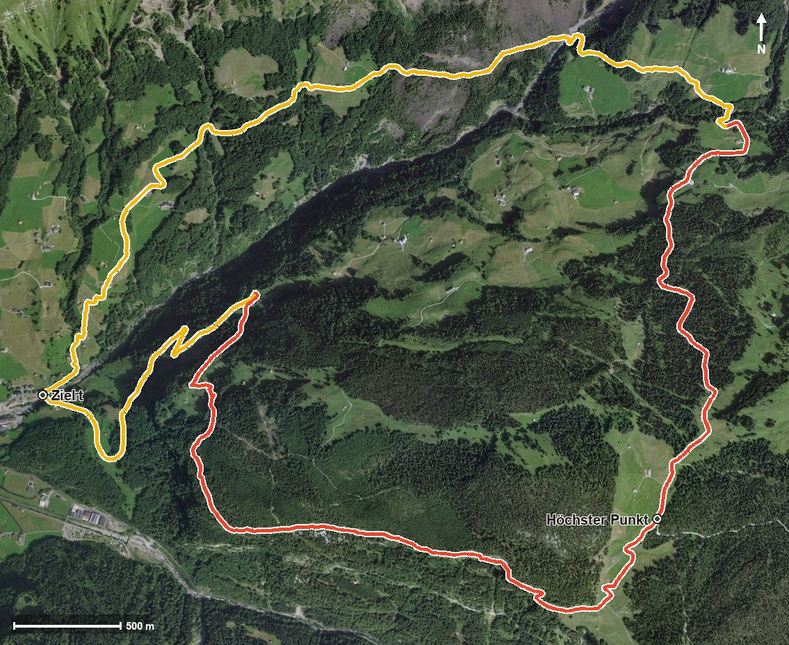 Luftbild mit eingezeichneter Route: WanderWunder Schwyz: Rundwanderung Muotathal mit Plattenweg