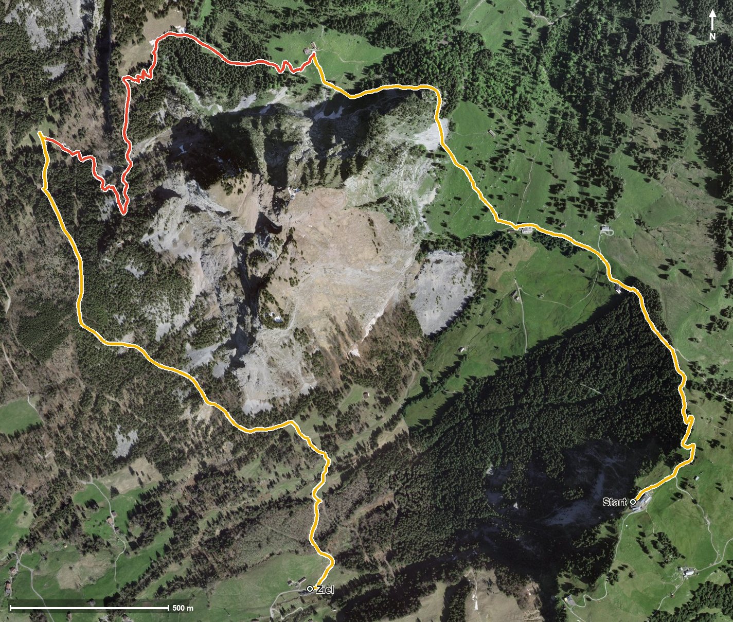 Luftbild mit eingezeichneter Route: WanderWunder Schwyz: Rundwanderung um den grossen Mythen
