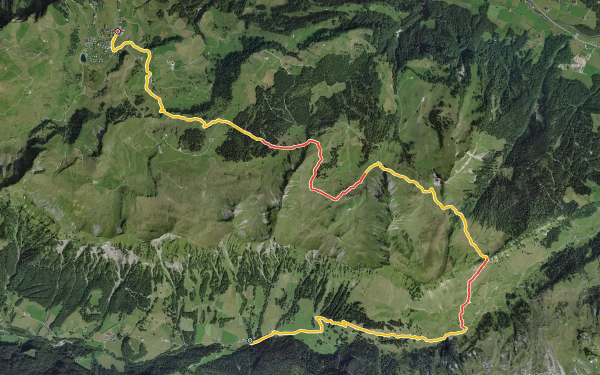 Vista aerea con il percorso tracciato: Da Riemenstalden a Stoos per il Wannentritt