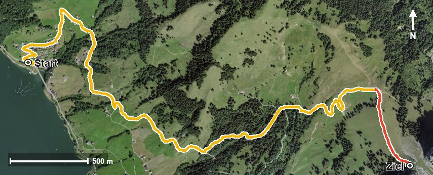 Luftbild mit eingezeichneter Route: WanderWunder Schwyz: Wägital Bockmattli