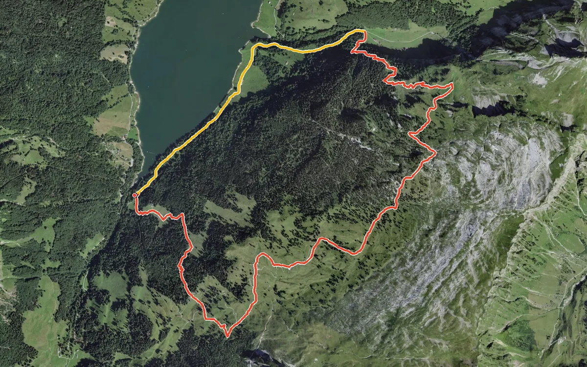 Vista aerea con il percorso tracciato: Anello dal Wägitalersee all’Himelchopf