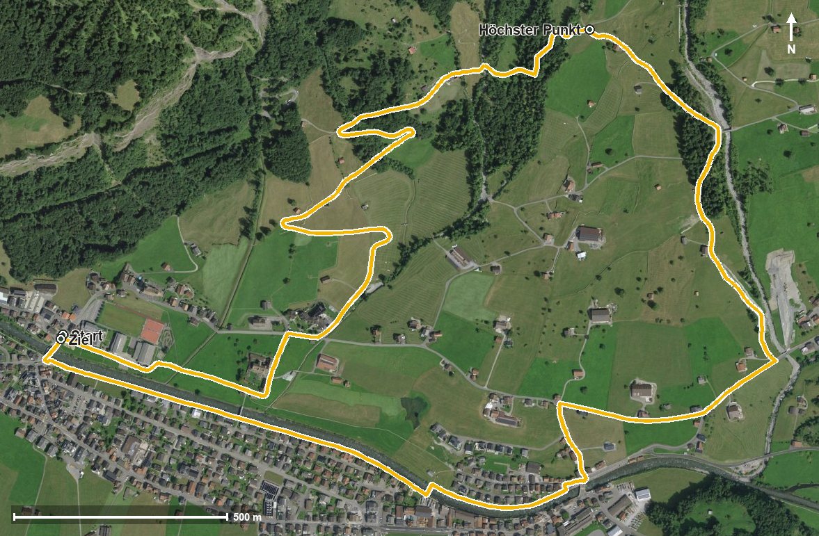 Luftbild mit eingezeichneter Route: Wetterfrosch-Wanderweg gross