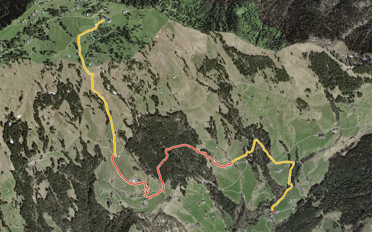 Vista aerea con il percorso tracciato: Da Rigi Burggeist in discesa a Obergschwend